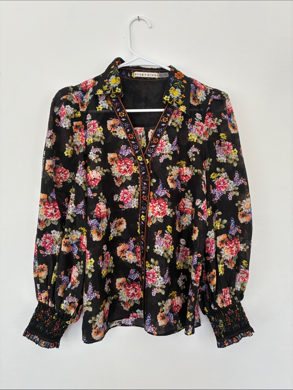 Alice + Olivia Cosima Blouse Small Silk Blend Black Floral Collar Sheer Button